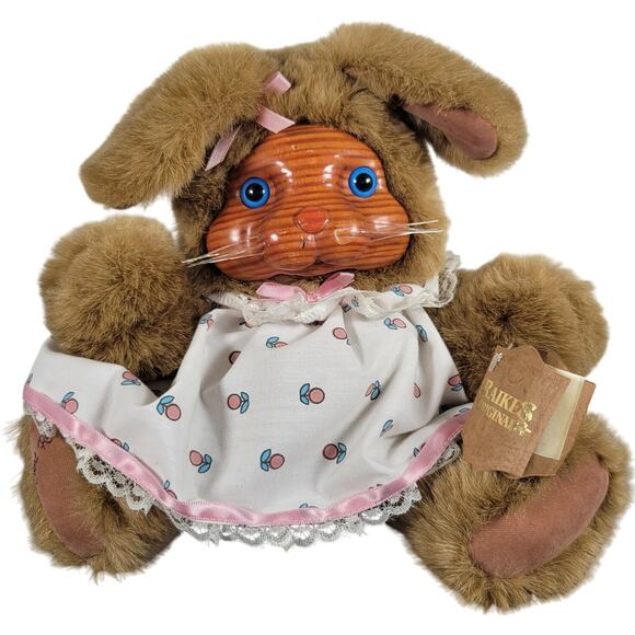Applause Plush Bunny 12" Vintage 1985 Rakes Wood Face Lace Dress Collectible - Picture 1 of 16